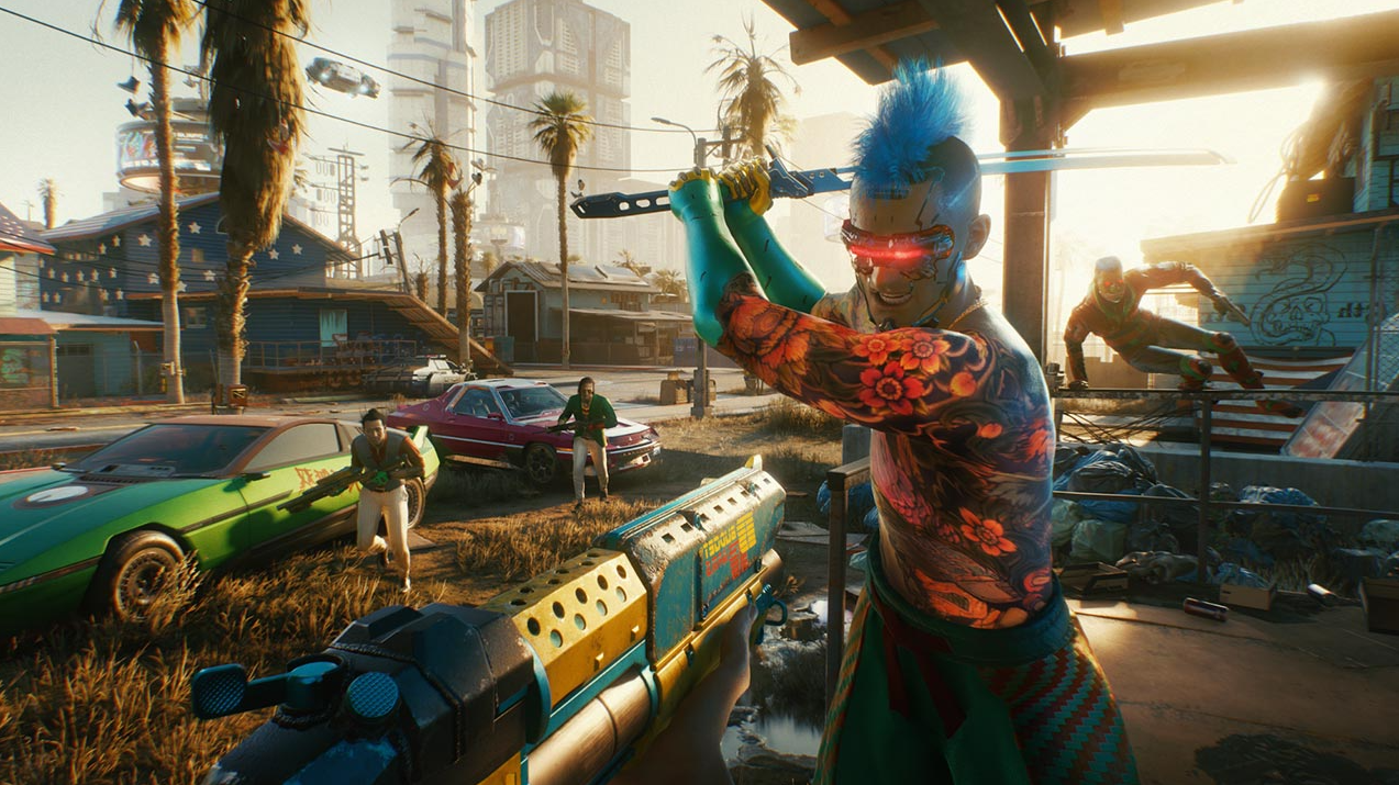 Cyberpunk 2077 : illustration du jeu vidéo Cyberpunk 2077 avec des éléments graphiques futuristes