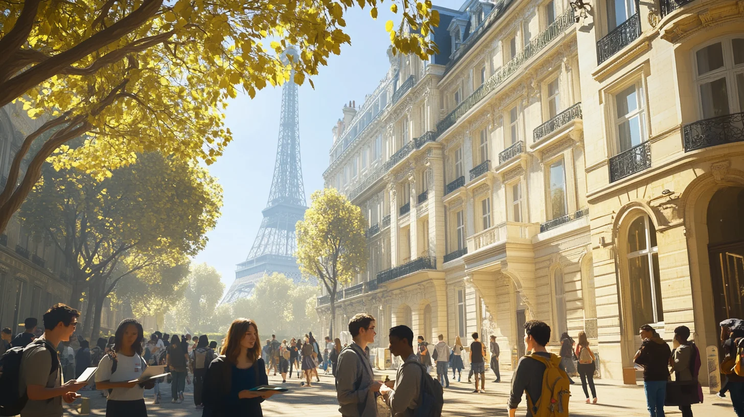 écoles de communication Paris : vue de Paris avec des étudiants et des symboles de communication
