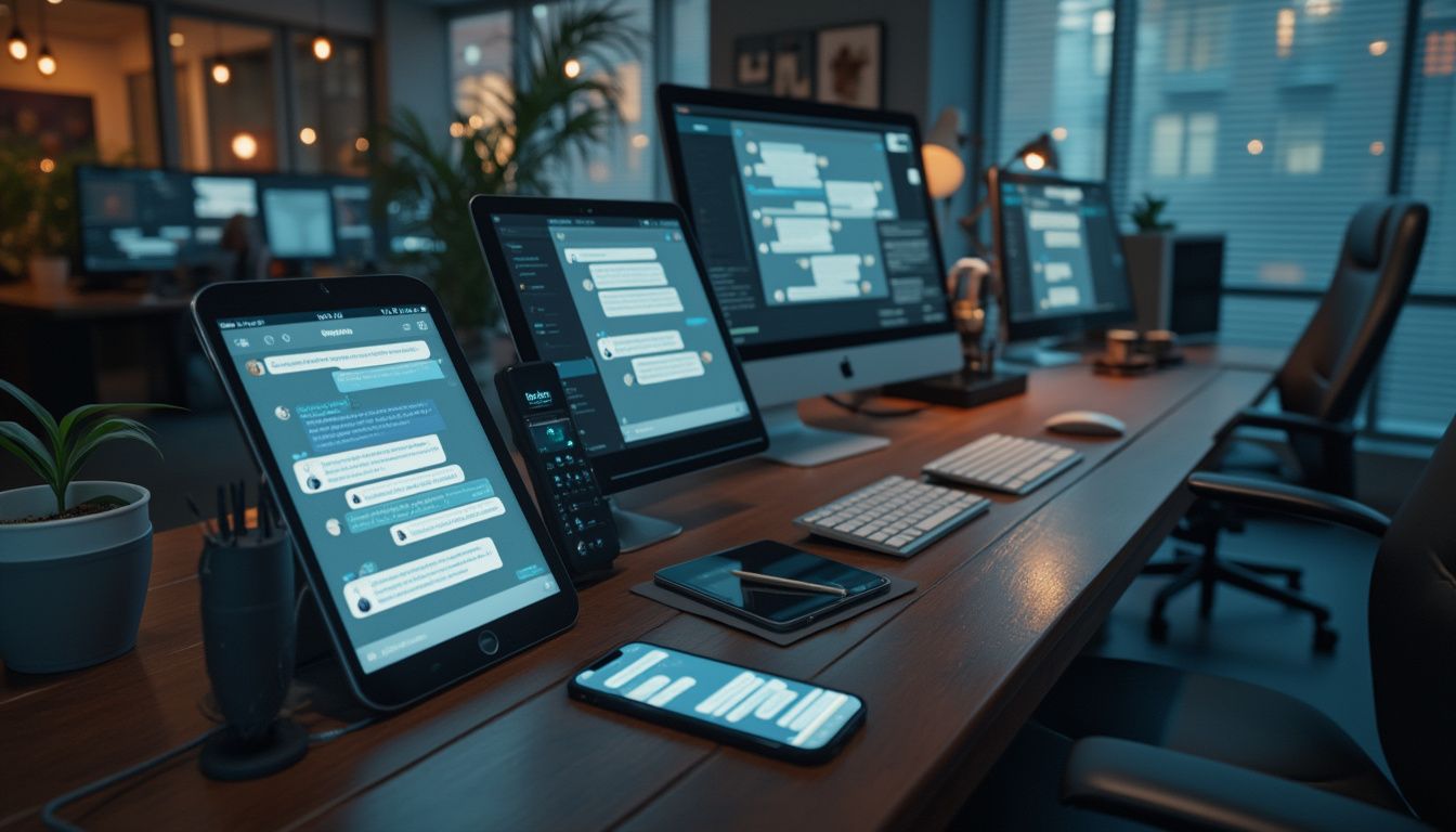 compatibilité messagerie : illustration de communication mobile moderne avec RCS sur différents appareils