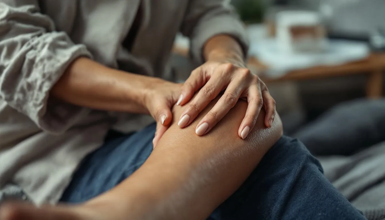 tendinite du tendon d’Achille : personne assise au bureau massant sa cheville