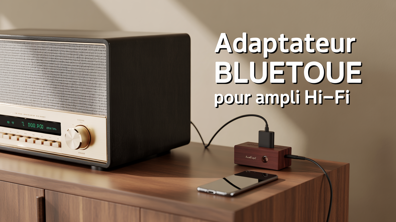 Ampli hi-fi vintage et adaptateur Bluetooth sur meuble bois, smartphone à côté