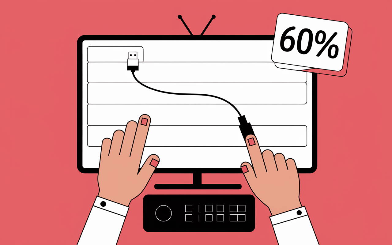 gros plan ecran tv lignes horizontales manipulation cable hdmi