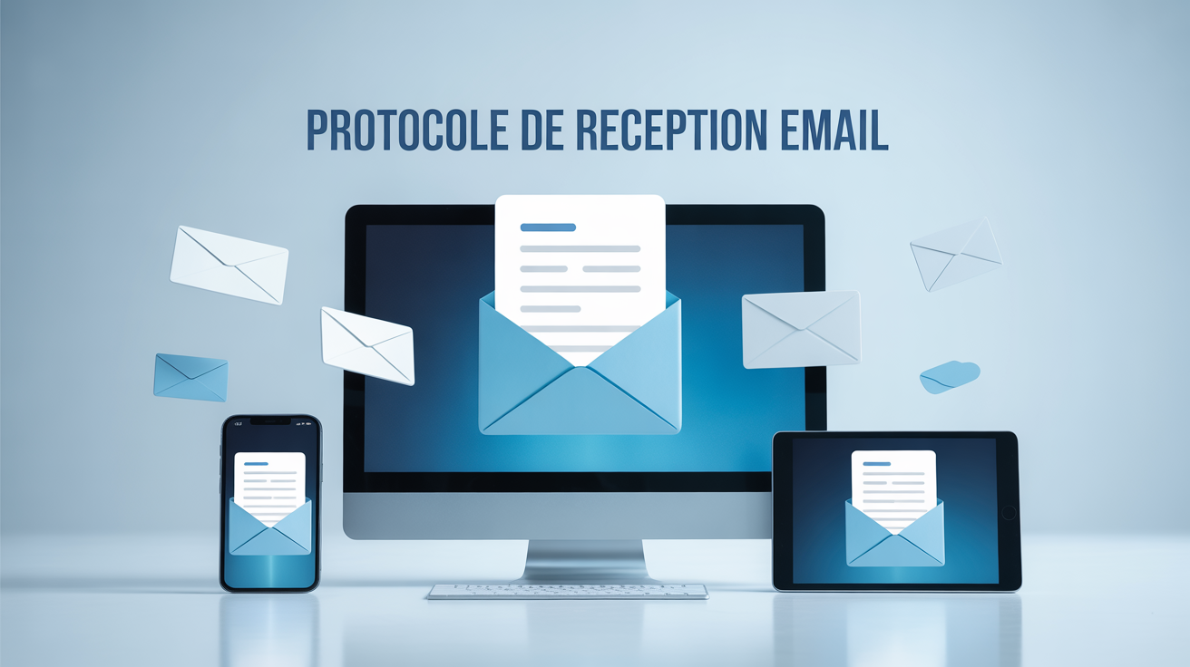 Serveur central relie aux appareils, emails flottants, protocole reception email