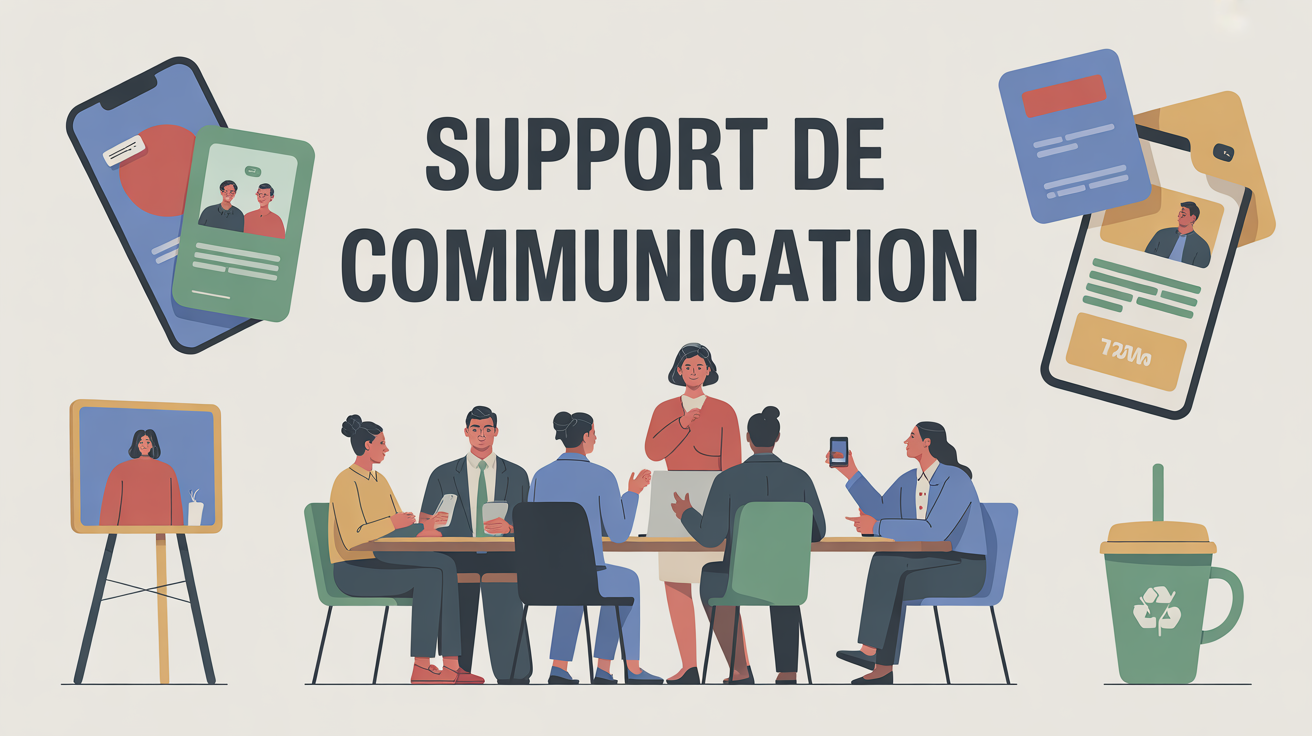 personnes en réunion avec supports de communication print digital