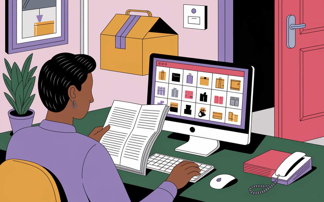 vente par correspondance personne feuilletant catalogue ordinateur livraison