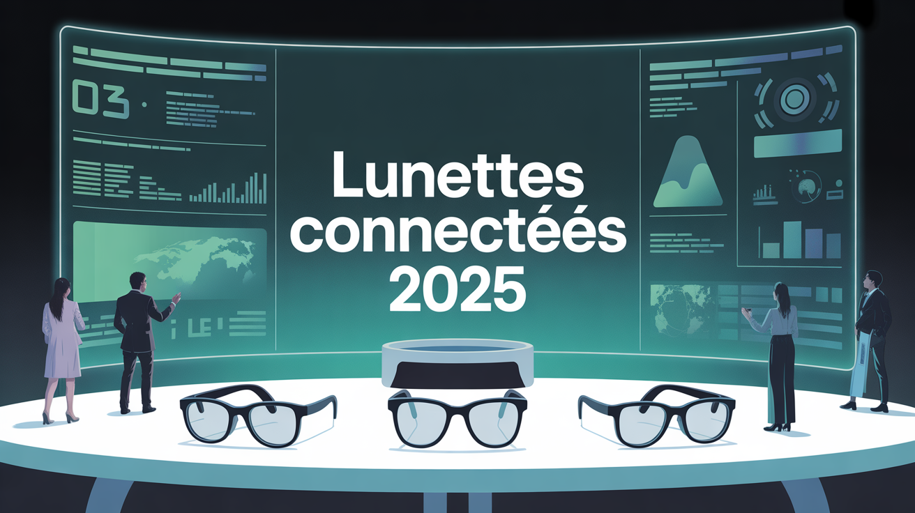table moderne avec lunettes connectees, donnees holographiques, ambiance futuriste