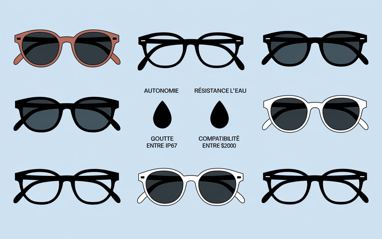 tableau stylise cinq lunettes connectees, pictogrammes autonomie resistance compatibilite prix