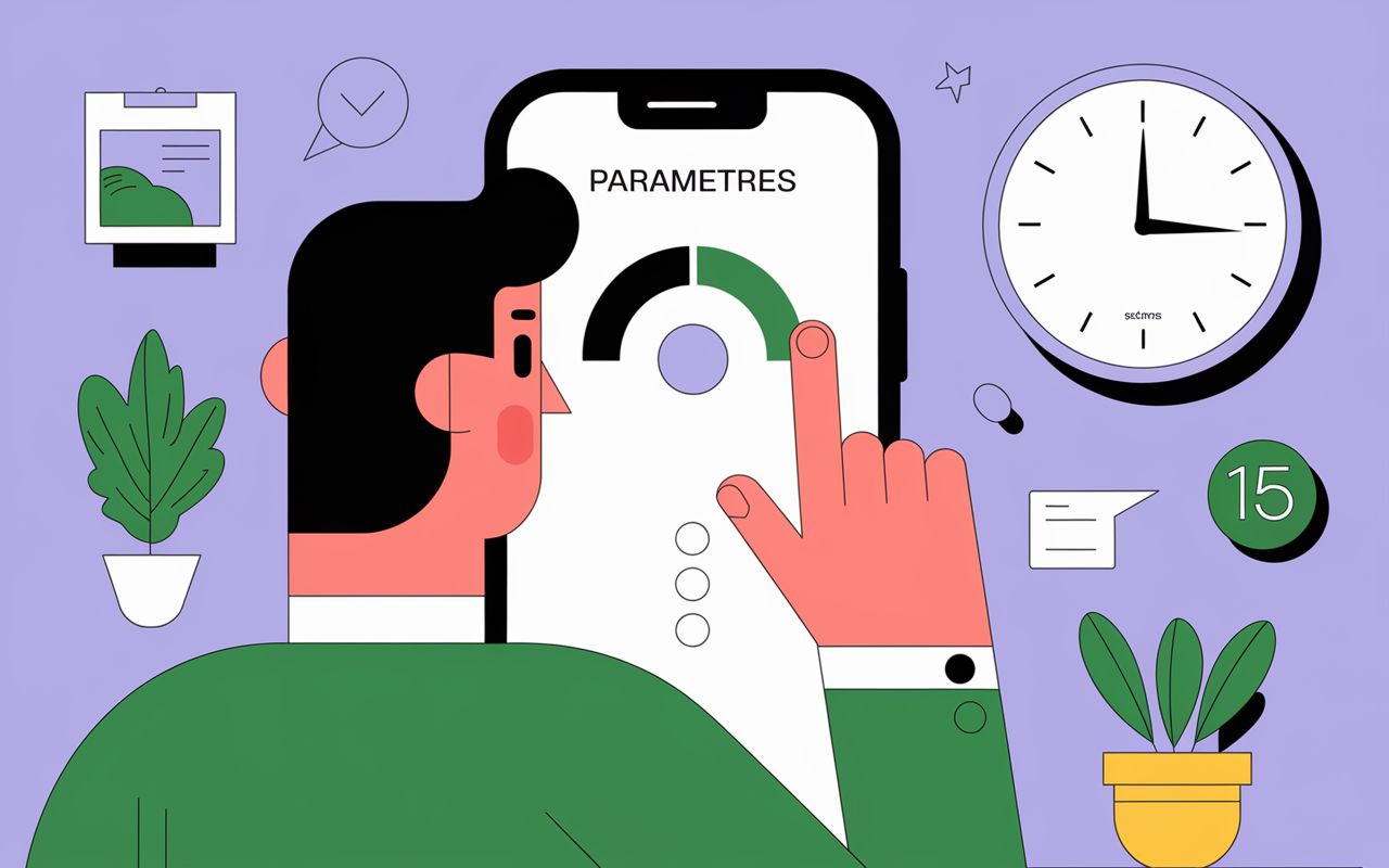 Personnage tapote sur smartphone paramètres cadenas minuteur