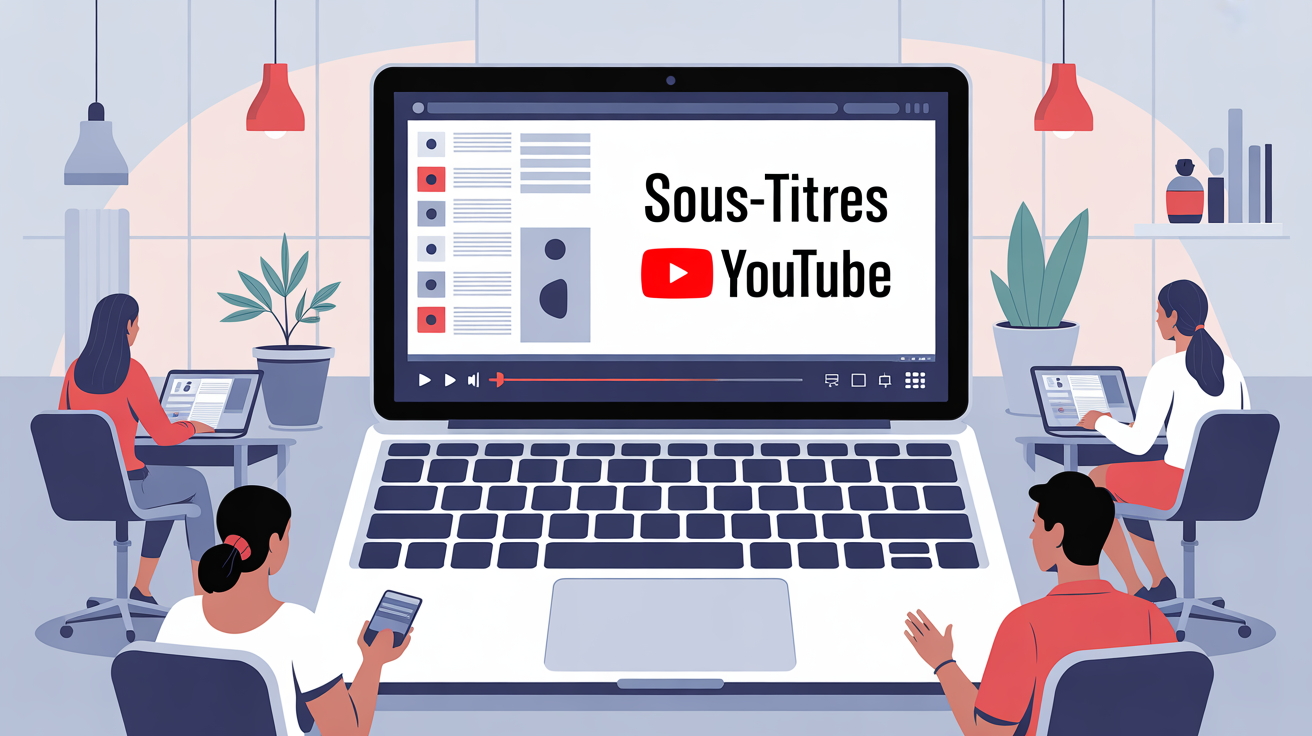 Ordinateur avec sous-titres YouTube visible en contexte entreprise