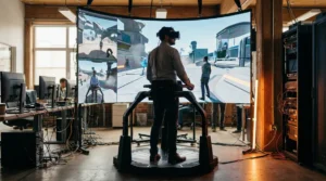 casque VR sur tapis omnidirectionnel en bureau techno