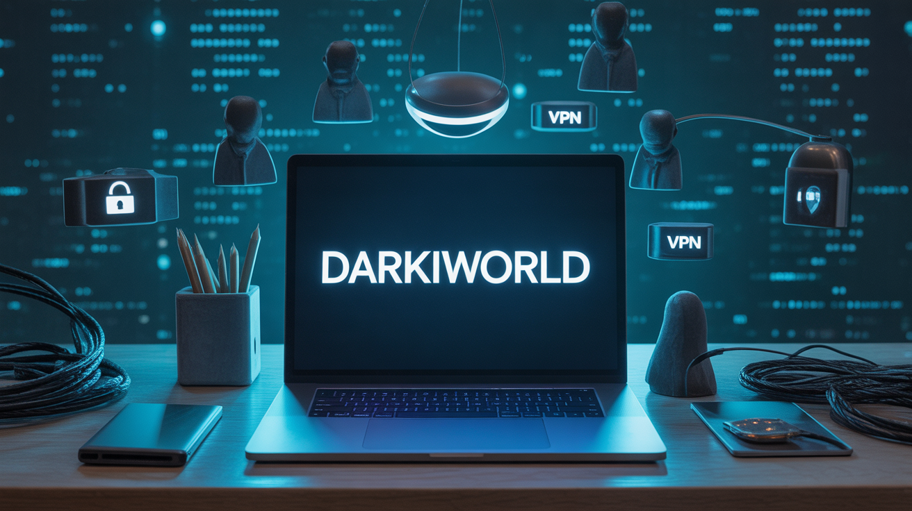 Ordinateur affichant Darkiworld avec symboles VPN et securite