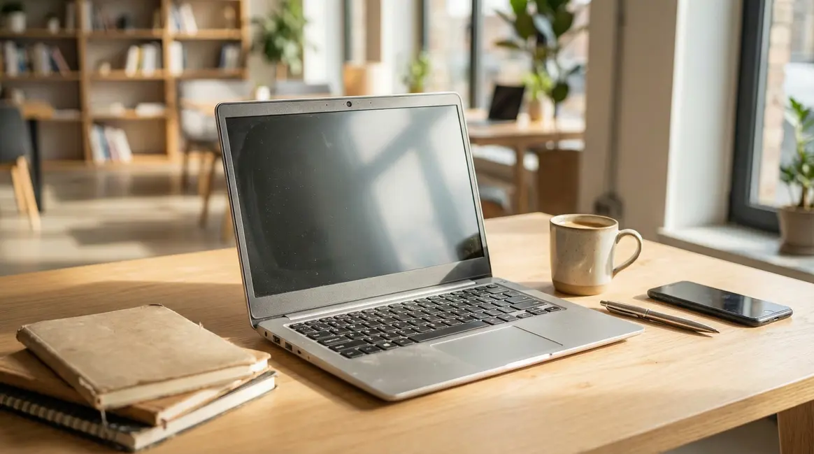 PC Dell 14 pouces sur espace de travail lumineux