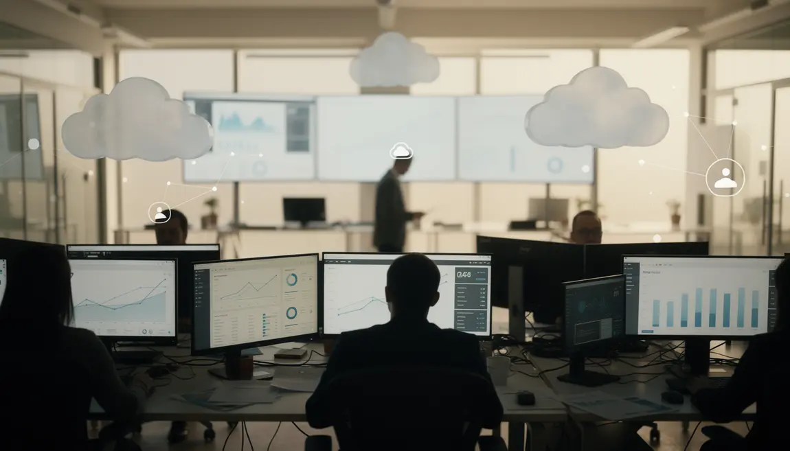 Collaboration PME sur ERP Cloud en bureau moderne