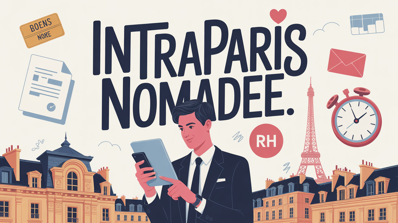 Agent municipal sur fond Paris avec intraparis nomade et icones rh securite