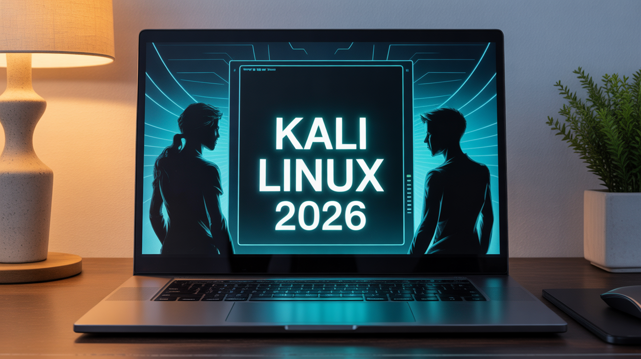 Ordinateur avec Kali Linux 2026 et terminal cybersécurité