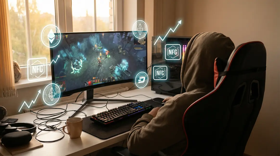 Scène dynamique joueur Play to Earn blockchain