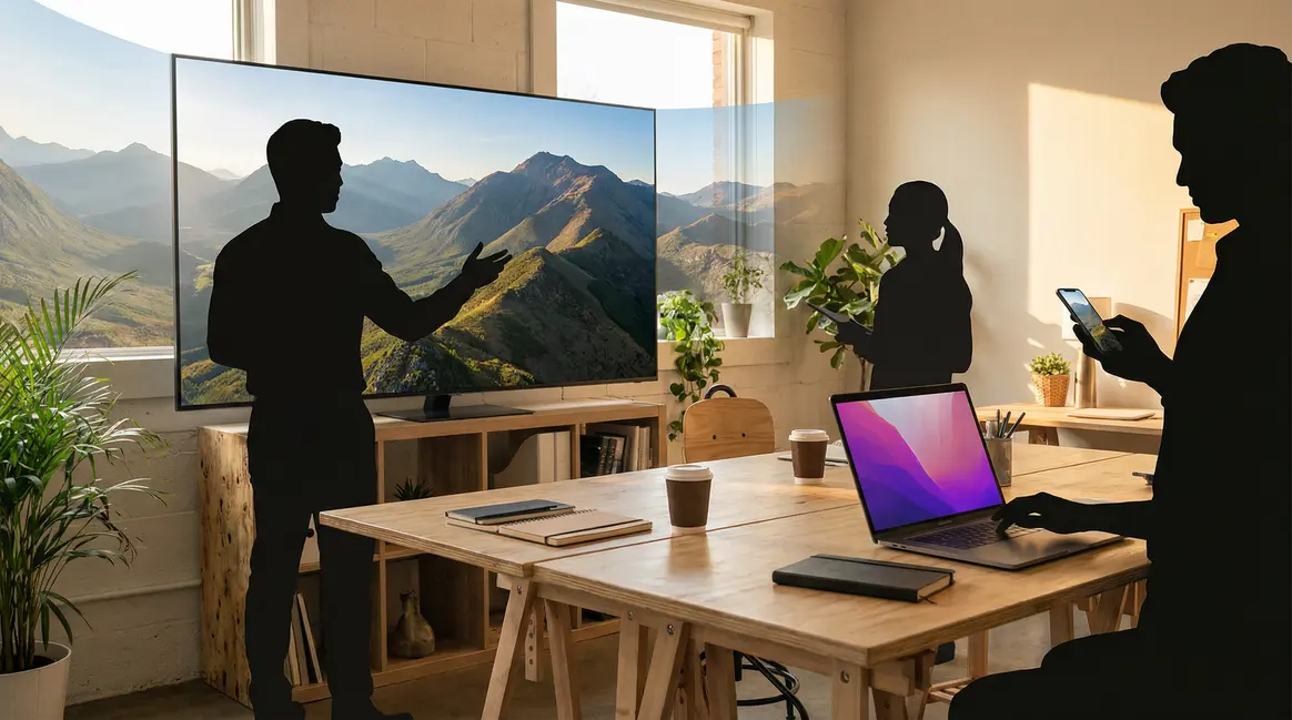 Espace professionnel montrant vidéo 360 sur écran sans casque