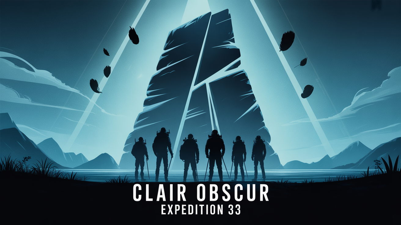 clair obscur expedition 33 silhouettes devant monolithe dramatique