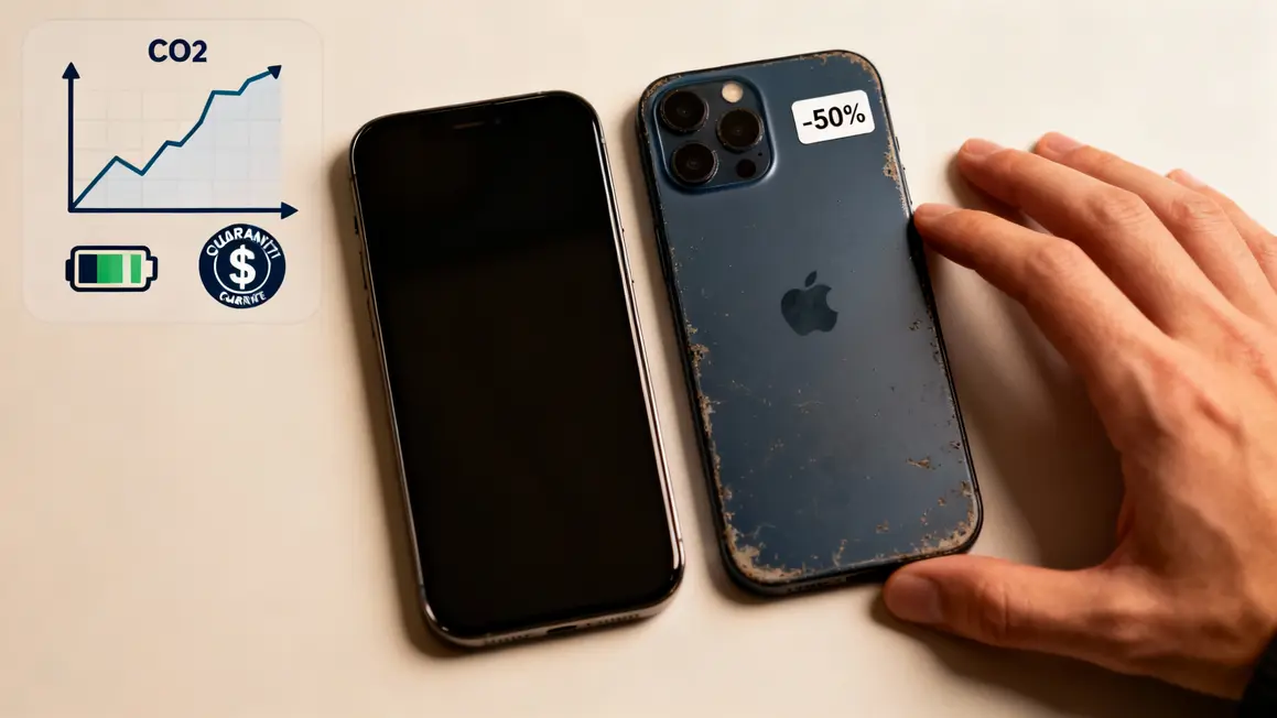 Deux smartphones cote à cote neuf reconditionné étiquette moins 50 pour cent