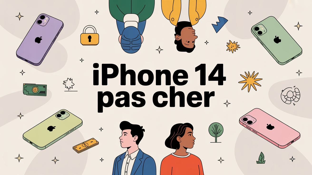 iphone 14 pas cher sur fond symboles sécurité économie écologie