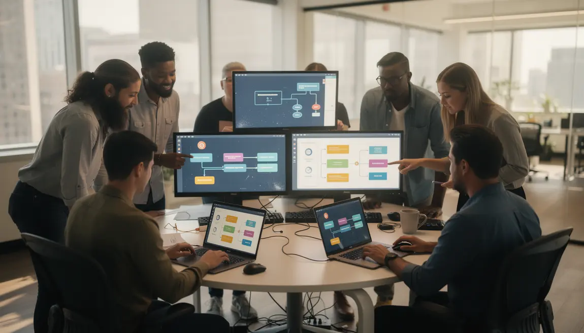 Equipe travaillant sur interfaces NoCode en bureau moderne