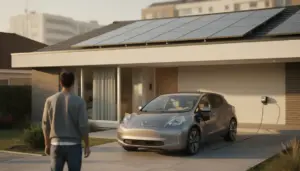 Maison moderne voiture electrique recharge cable type 2 panneaux solaires