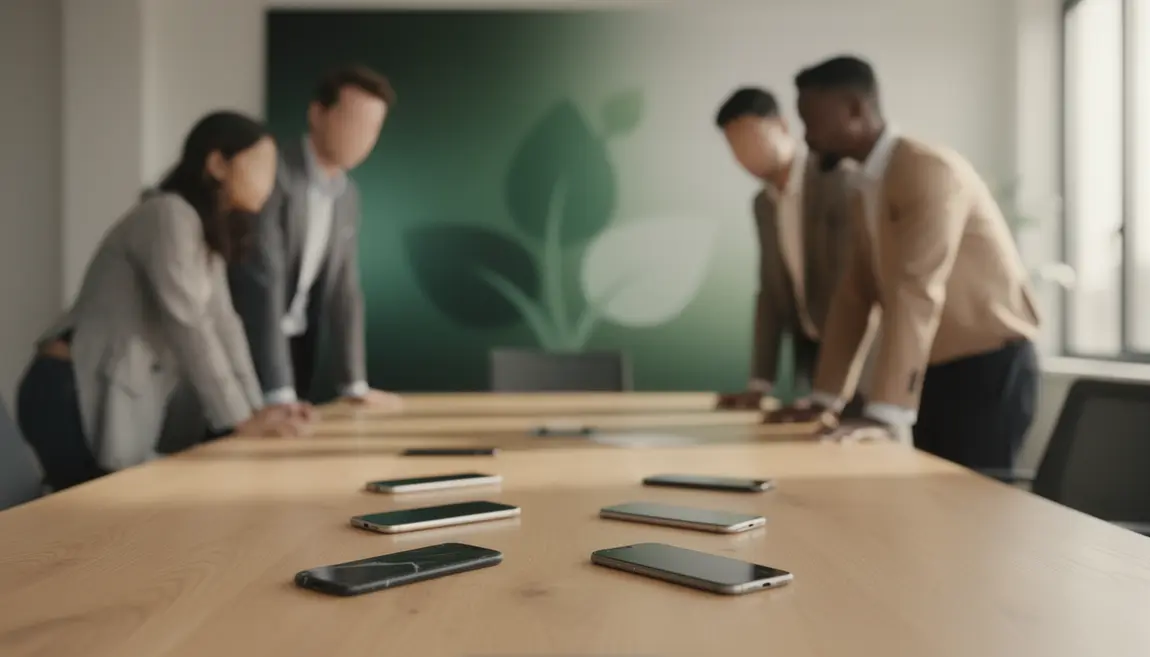 Bureau moderne smartphones reconditionnés, ambiance écologie et performance