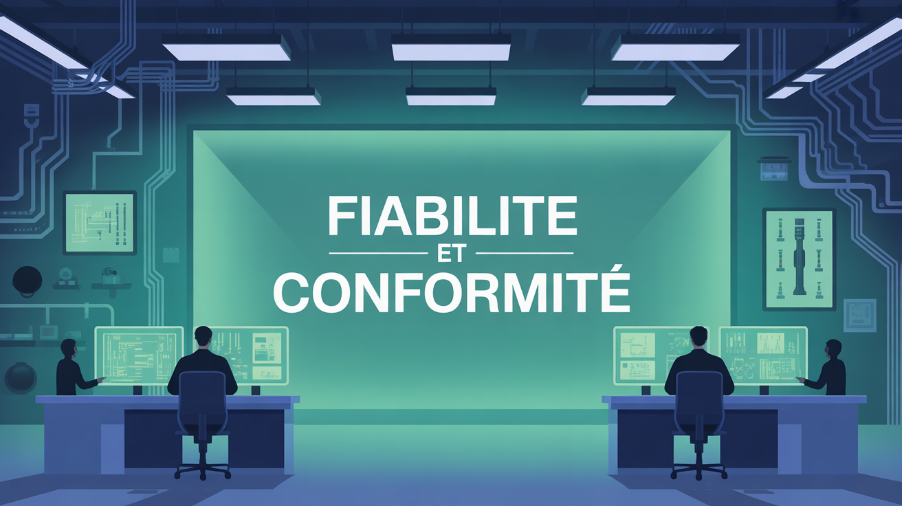 Salle d'usine entreprise electronique avec ingenieurs et tableaux lumineux