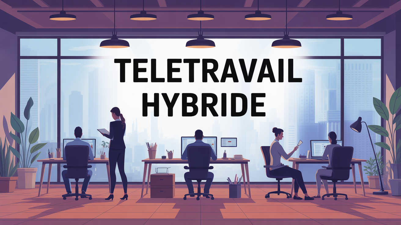 Télétravail hybride définition, illustration coworking silhouettes