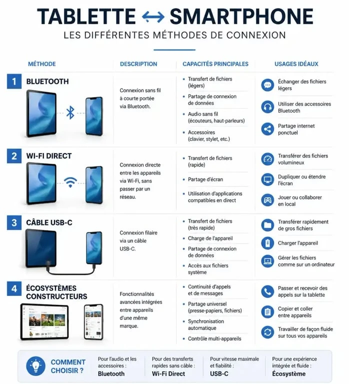 Infographie des méthodes pour connecter une tablette à un téléphone portable