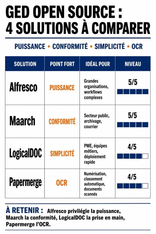Comparatif des meilleures solutions de GED open source : Alfresco, Maarch, LogicalDOC et Papermerge pour la gestion électronique de documents.