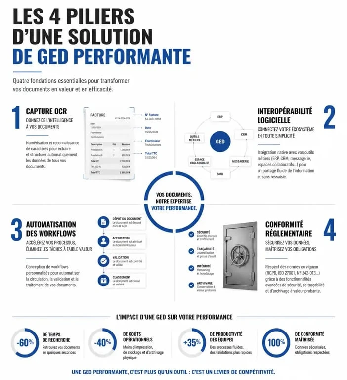 Infographie des 4 piliers pour choisir sa solution de gestion électronique de documents (GED) : OCR, workflows, interopérabilité et conformité.