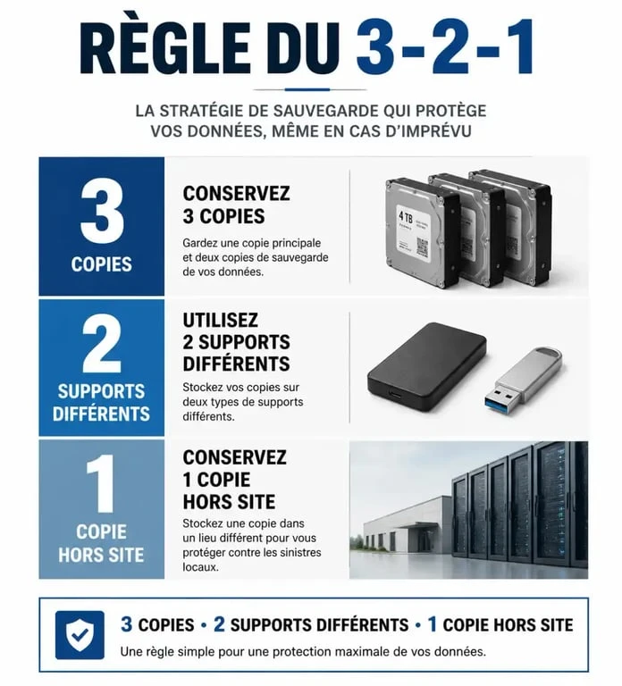 Infographie illustrant la règle du 3-2-1 pour une sauvegarde des données sécurisée