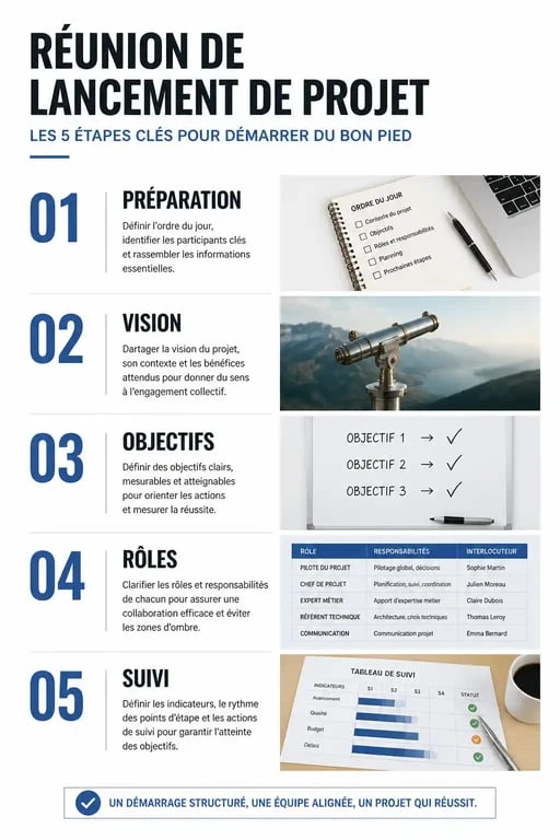 Infographie des étapes clés pour réussir une réunion kick off de projet