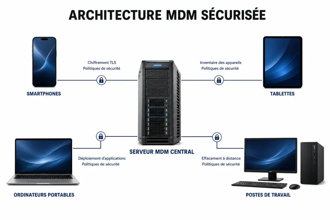 Schéma explicatif de l'architecture MDM pour la gestion de flotte mobile en entreprise