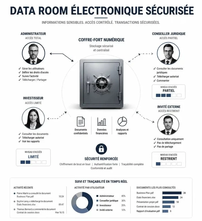 Schéma de fonctionnement d'une data room électronique sécurisée pour les transactions financières.
