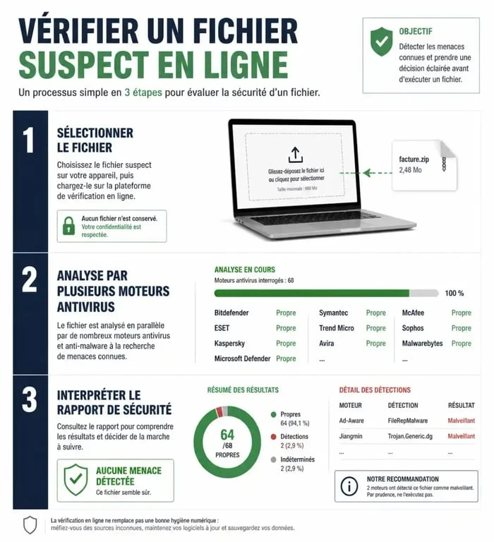 Infographie montrant les étapes pour vérifier un fichier virus en ligne