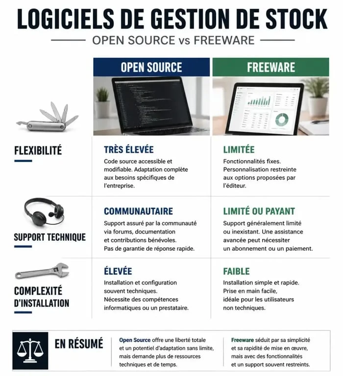 Infographie comparative des logiciels de gestion de stock gratuit Open Source et Freeware