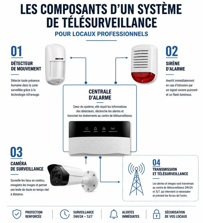 Schéma des composants d'un système de télésurveillance pour locaux professionnels