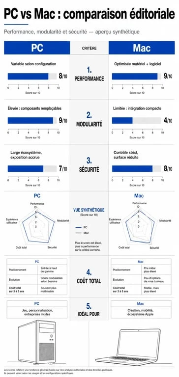 Comparatif visuel entre PC et Mac : différences de performances, sécurité et modularité pour aider à choisir son ordinateur.