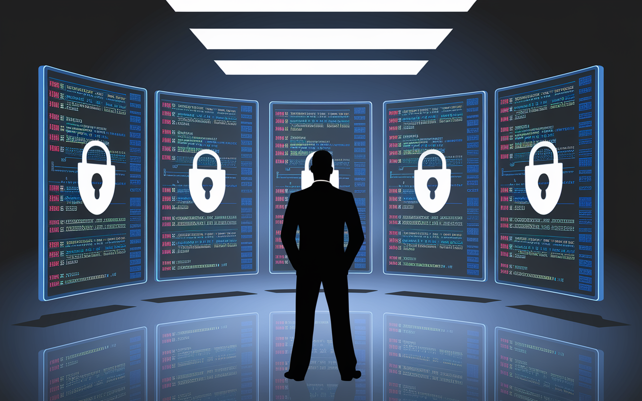 expert en cybersécurité face à écrans et cadenas
