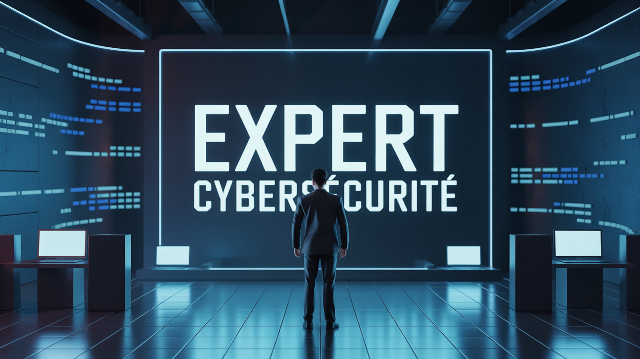 expert en cybersécurité devant mur digital et flux de données