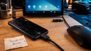 recuperer donnees telephone ecran cassé : smartphone fissuré connecté à OTG et souris