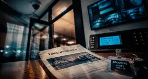 Télésurveillance locaux professionnels : dossier, alarme et caméra dans un hall d’entreprise
