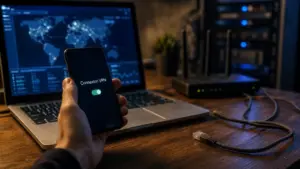 Connexion VPN : c’est quoi ? écran « Connexion VPN » sur smartphone et laptop