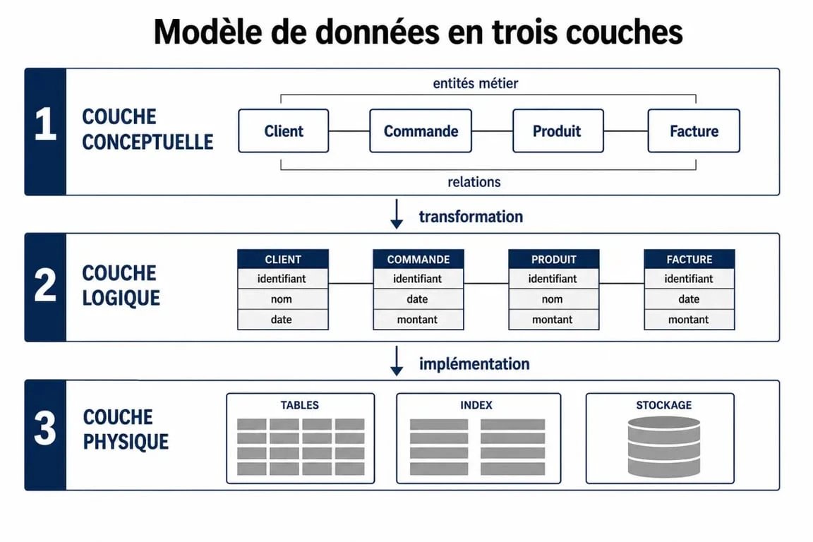 Modèle de données : schéma des niveaux conceptuel, logique et physique