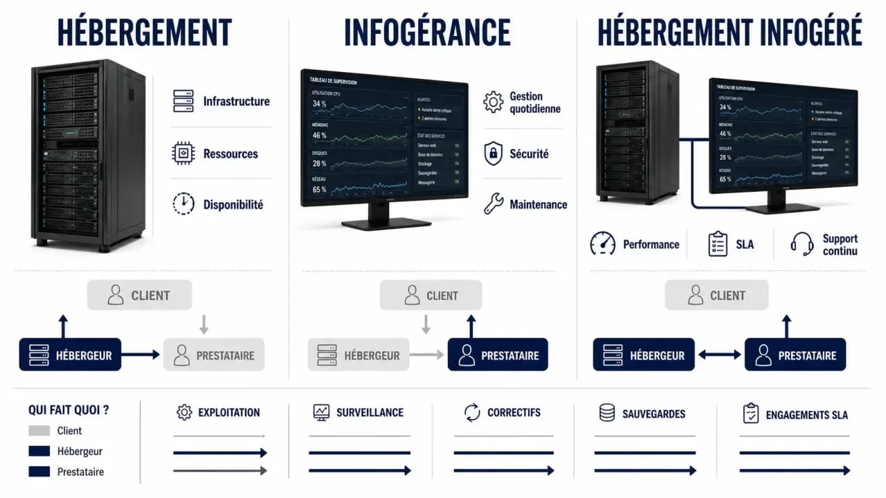 Comparatif hébergement et infogérance avec trois modèles d’externalisation IT