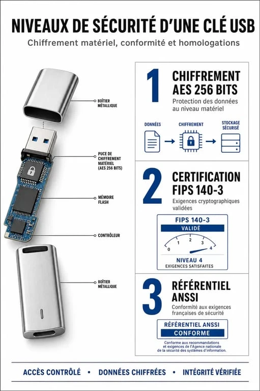 Infographie sur les certifications et le chiffrement d'une clé USB sécurisée
