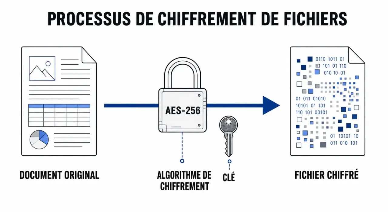 Schéma explicatif du processus pour crypter des fichiers avec l'algorithme AES-256