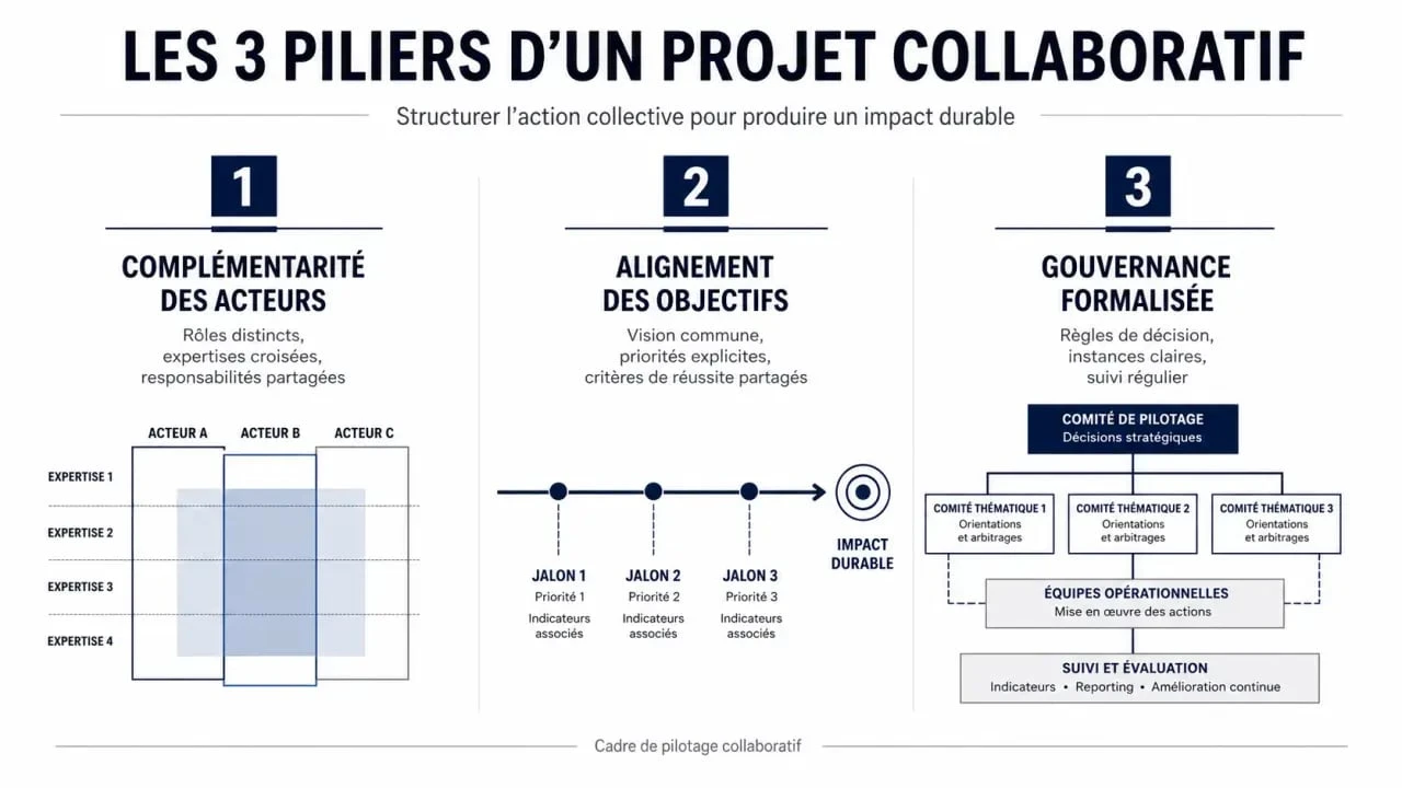 Infographie sur les trois piliers fondamentaux de la réussite d'un projet collaboratif en entreprise